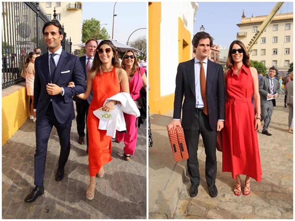 Cayetana Rivera, acompañada por Manuel Vega, y los Duques de Huéscar, a su llegada a la corrida del Domingo de Resurrección en Sevilla Cayetana